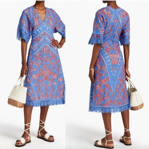 TORY BURCH cornflower blue and coral red macrame lace midi Michaella dress